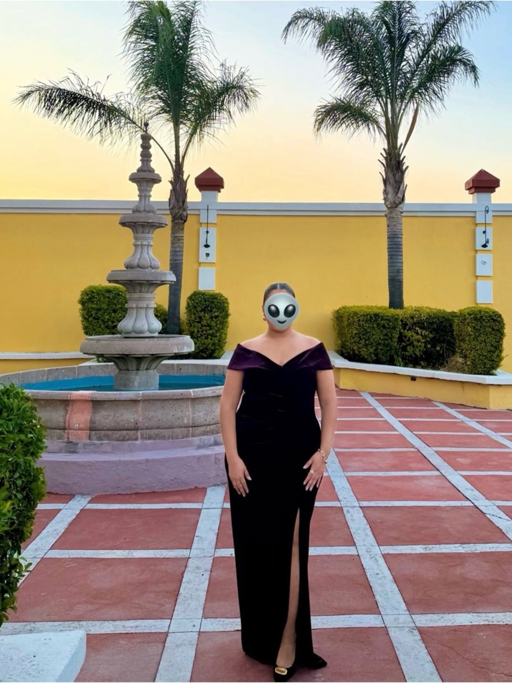 Xscape Off-Shoulder Evening Gown in Deep Purple and Black